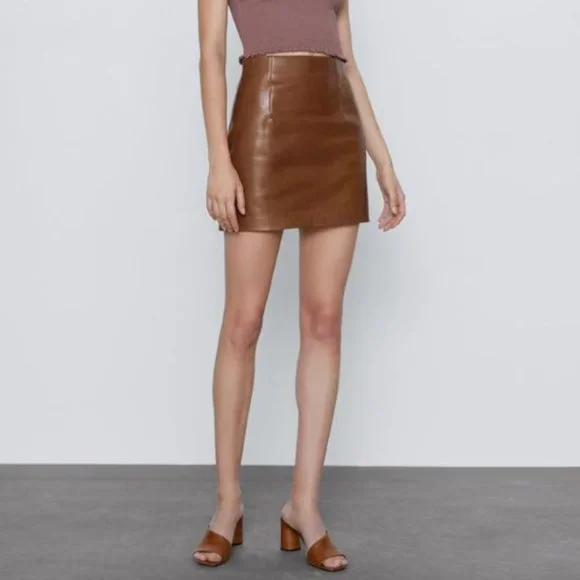 ZARA 100% Leather Cognac Mini Skirt